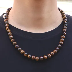 Minimalist Tiger eye Necklace Men Women 10mm Big Beads 22 Inches Long Necklace Hiphop Rock Black Onyx Obsidian Beads Necklace