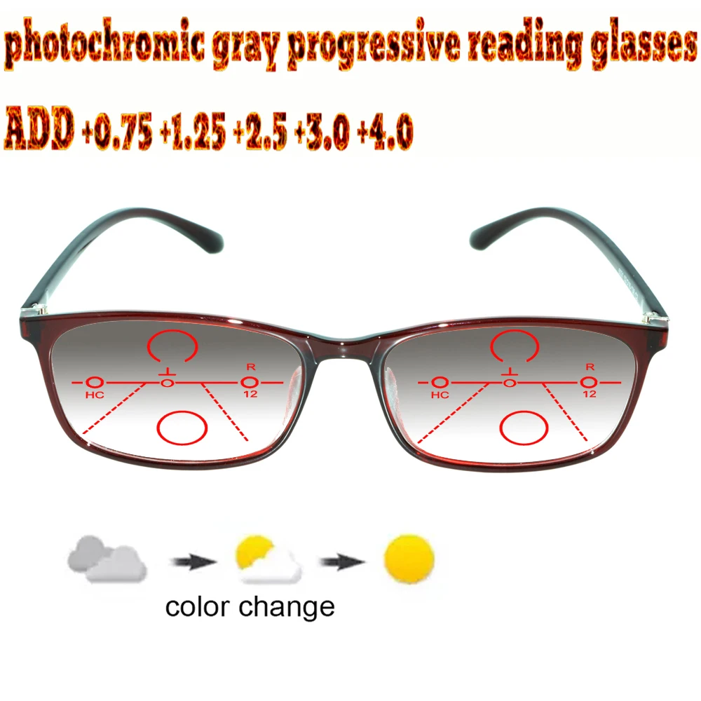 

Photochromic Gray Progressive Multifocal Reading Glasses Ladies Woem Ultralight Red Frame+1.0 +1.5 +1.75 +2.0 +2.5 +3 +3.5 +4