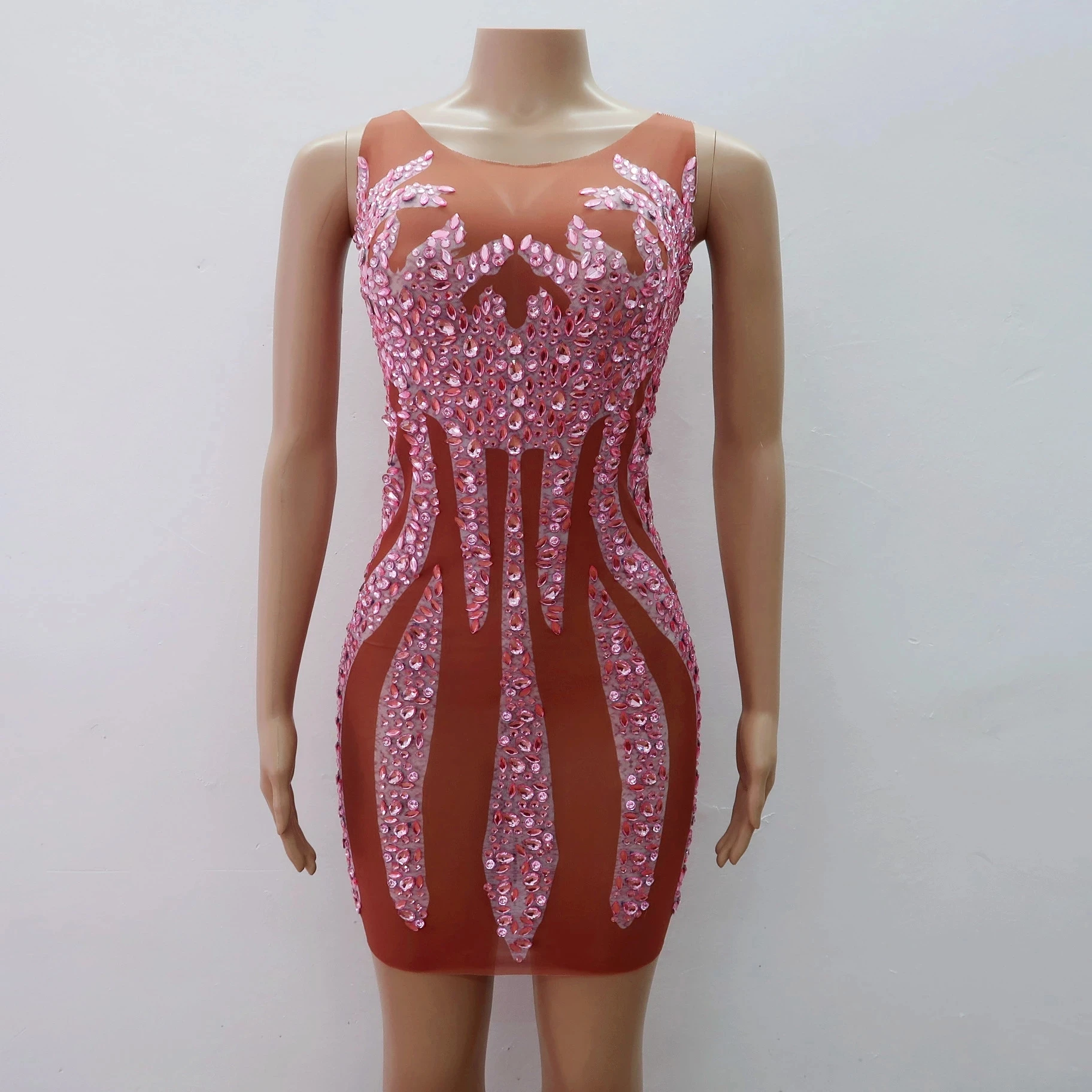 

Pink Rhinestones Mesh MINI Dress Sleeveless Sexy Big Stretch Costume Birthday Celebrate Evening Stage Show Singer Dress