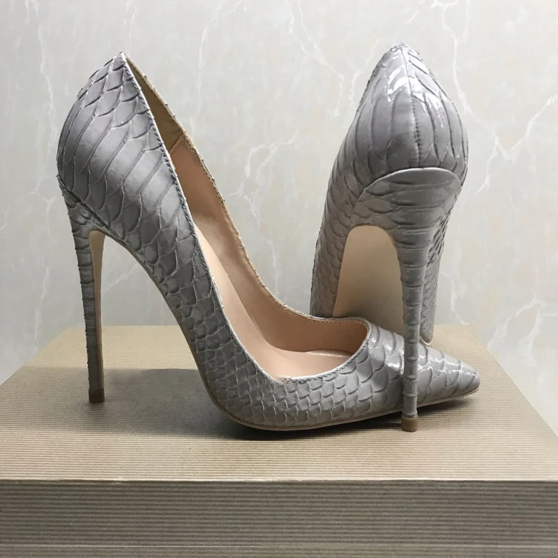 Snake printing gray stilettos high heels 12cm 10cm 8cm pointed toe women pumps extreme party wedding shoes QP063 ROVICIYA