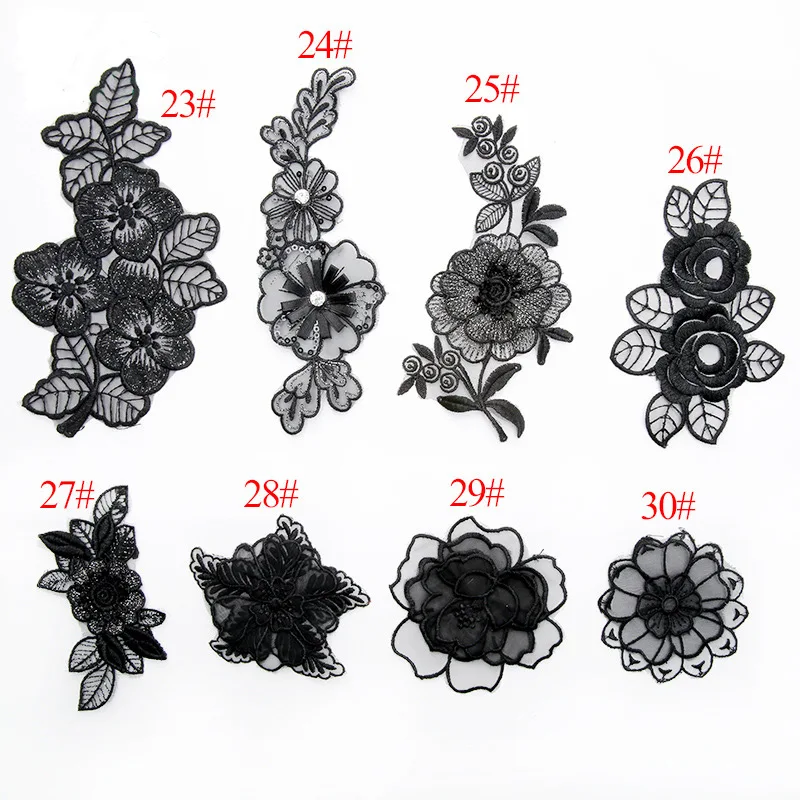 Thermo Black Lace Organza Flower Butterfly Embroidered Patches for Clohting Iron on Clothes Appliques Stripes Fabric Stickers