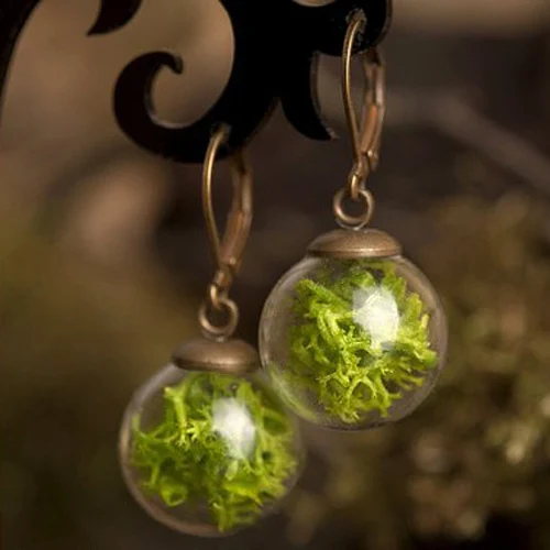 2Pairs 16MM Glass Ball Real Moss Earring Green Jewelry Natural Moss Dangle Earrings For Women