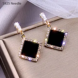 Silver Needle Dangle Drop Earrings for Women Jewelry Rhombus Black Stone Cubic Zircon Elegant Female Earrings