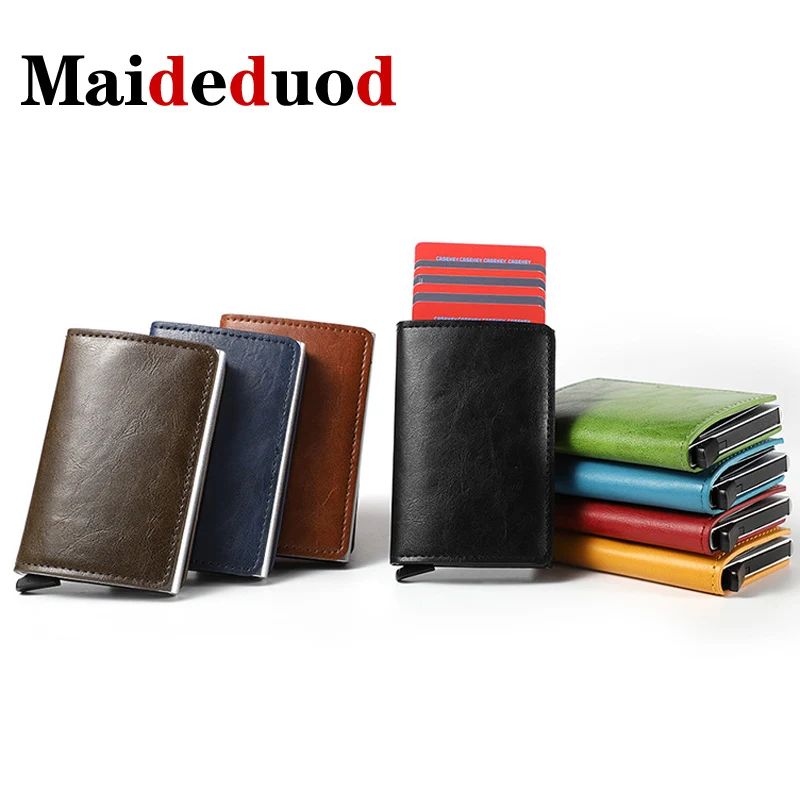 

2019 Credit Card Holder Many colors Men And Women Metal RFID Vintage Aluminium Box Crazy Horse PU Leather Fashion Card Wallet