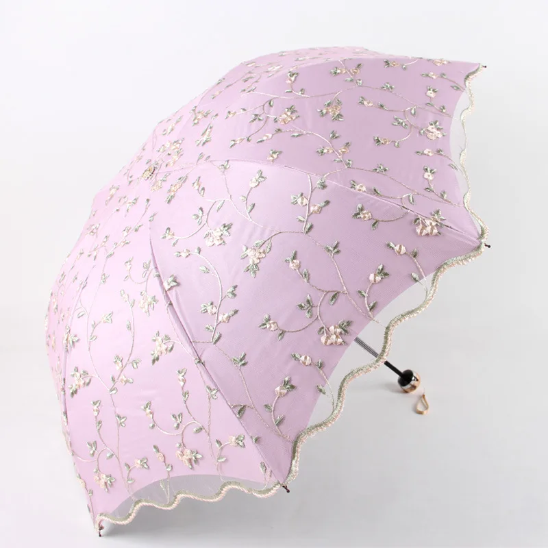 Double-layer Embroidered Lace Umbrella Elegant Lady Sunshade Black Rubber Three Folding Princess Sweet Lace For Wedding Gifts