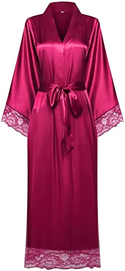 Womens Nightdress Sexy Long LaceLingerie Bath Robe Gown Imitation Ice Silk Nightdress Solid Color Nightgown Nightwear