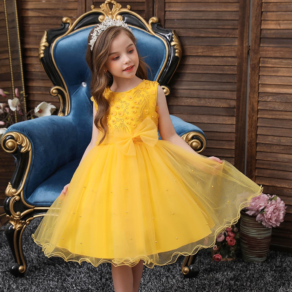 European Style Bead Night Dress for Kids Bow Knee Length Birthday Dress for Girls Multi-Layer Mesh for 10 Years Girl Dresses