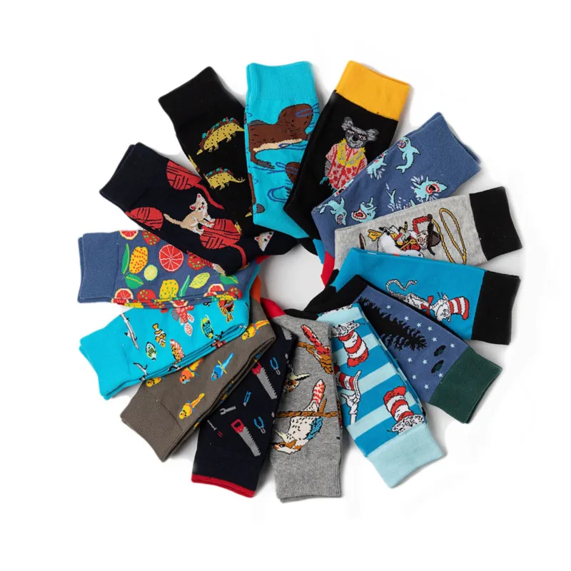 Novelty Funny Cartoon Animal Cat Dog Pattern Men\'s Socks New  Streetwear Cotton Happy Crew Socks Men Harajuku Sokken