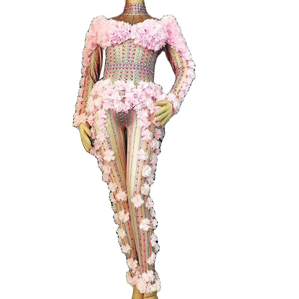 

Pink Rhinestones Striped Floral Three-Dimensional Decoration Jumpsuit Backless Leotard Nightclub Performance Costumes Women