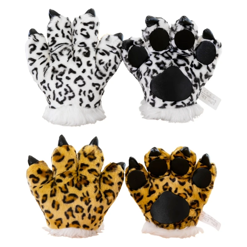 

Adult Kids Simulation Leopard Paw Plush Gloves Fluffy Animal Stuffed Toys Padded Hand Warmer Cosplay Costume Mittens