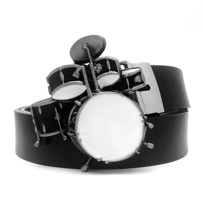 Western Cowboy Mens Casual PU Leather Belts with Jazz Music Series Rock Punk Drum Set Metal Buckle Boys Hip Belt Men Accessories