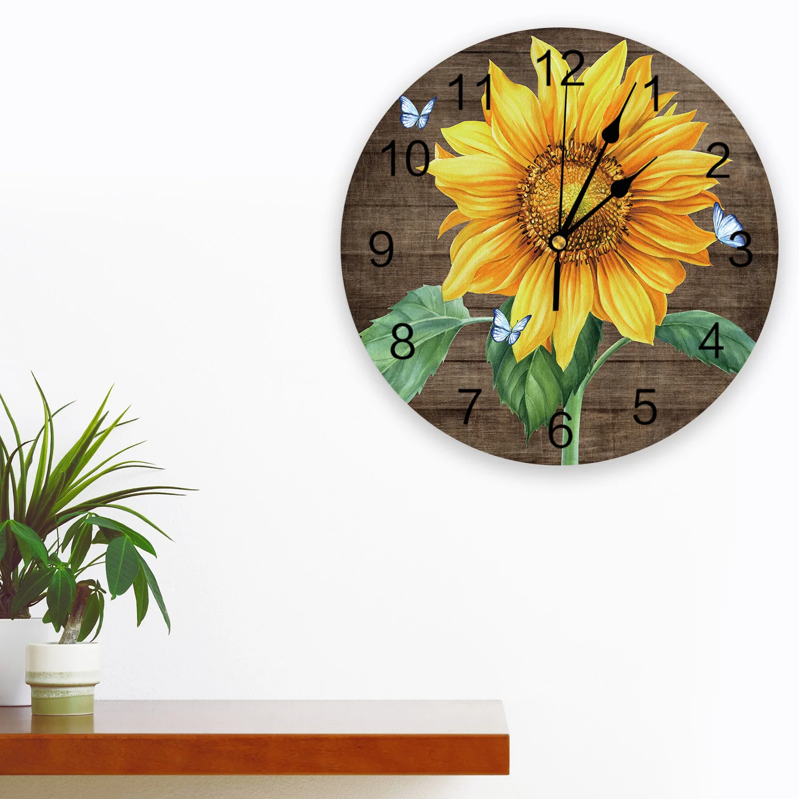 Sunflower Flower Butterfly Wood Grain Print Wall Clock Wall Art Silent Non ticking Round Wall Watch for Home Decortaion Gift