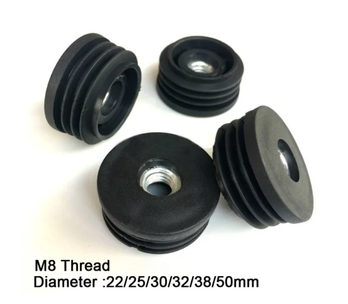 Round Black Plastic Blanking End Cap, Pipe Tube Inserts with M8 Metal Thread Dia 16, 19, 22, 25, 30, 32, 38, 50mm, 2Pcs