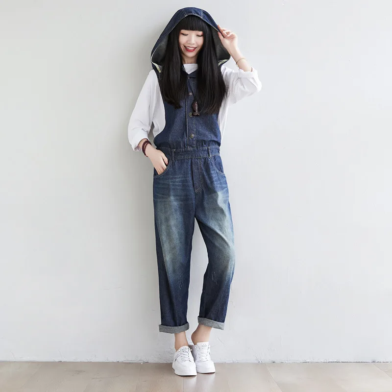 Female new autumn korean style retro washed with hooded one-piece waist adjustable loose denim overalls