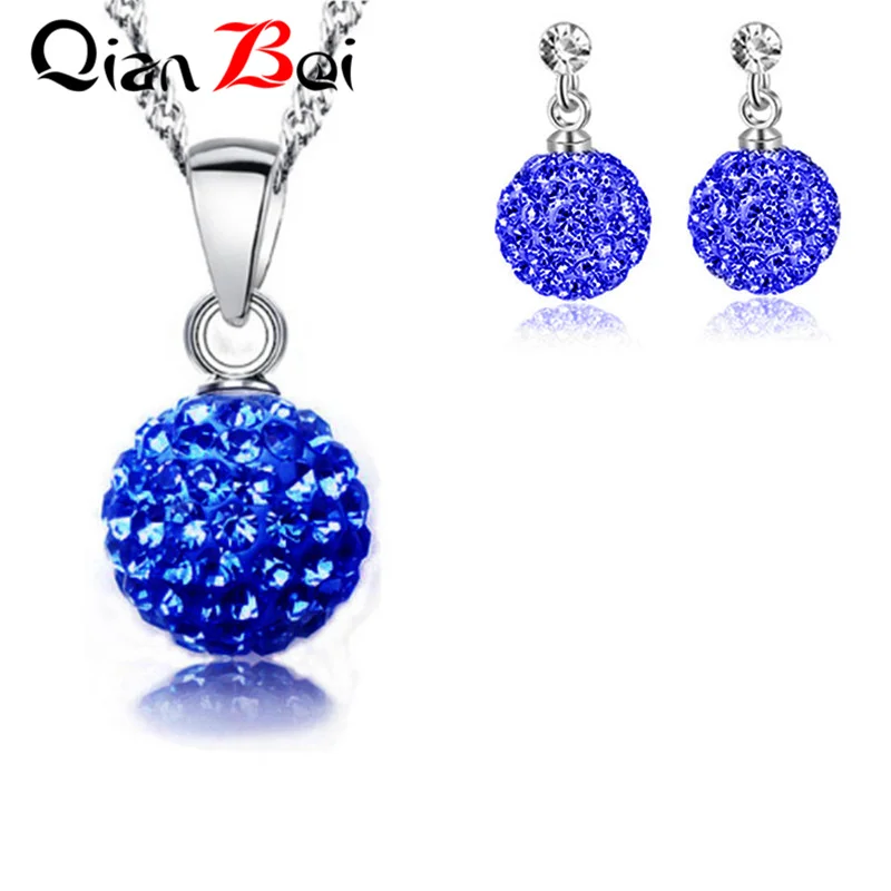 QianBei New Arrival 13 Color 10MM Pendant Necklace Earrings Ball Crystal Earring Necklace Set For Women Fashion Jewelry Gifts