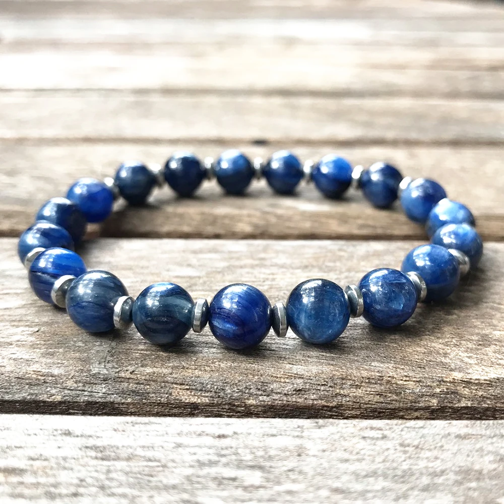 Ruberthen 8 MM AA Grade Blue Kyanite Energy Men`s Bracelet Natural Gem Stone Spirituality Meditation Jewelry