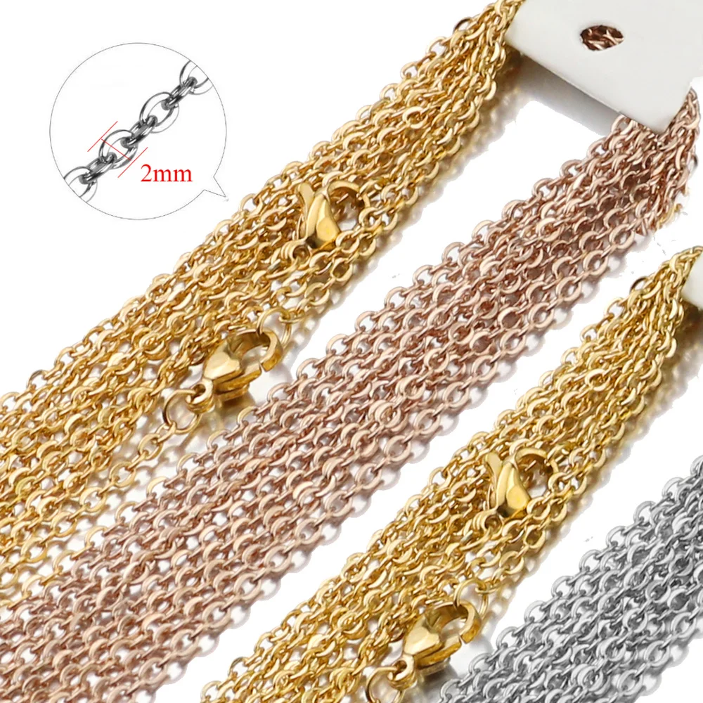 

10pcs/lot Width 2mm Cut Rolo Link diy stainless steel Chain Rose Gold/Gold/Steel Cuban Chains Necklaces Pendant Wholesale