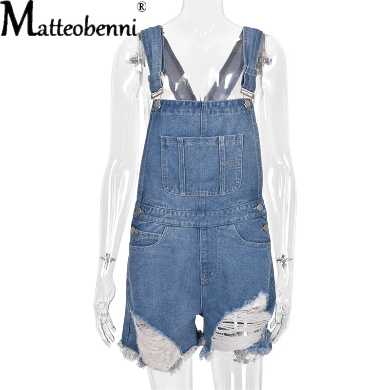 Fashion Casual Ripped Hole Denim Overalls Women Summer Jumpsuits Ladies Denim Rompers Playsuit Salopette Straps Shorts Rompers