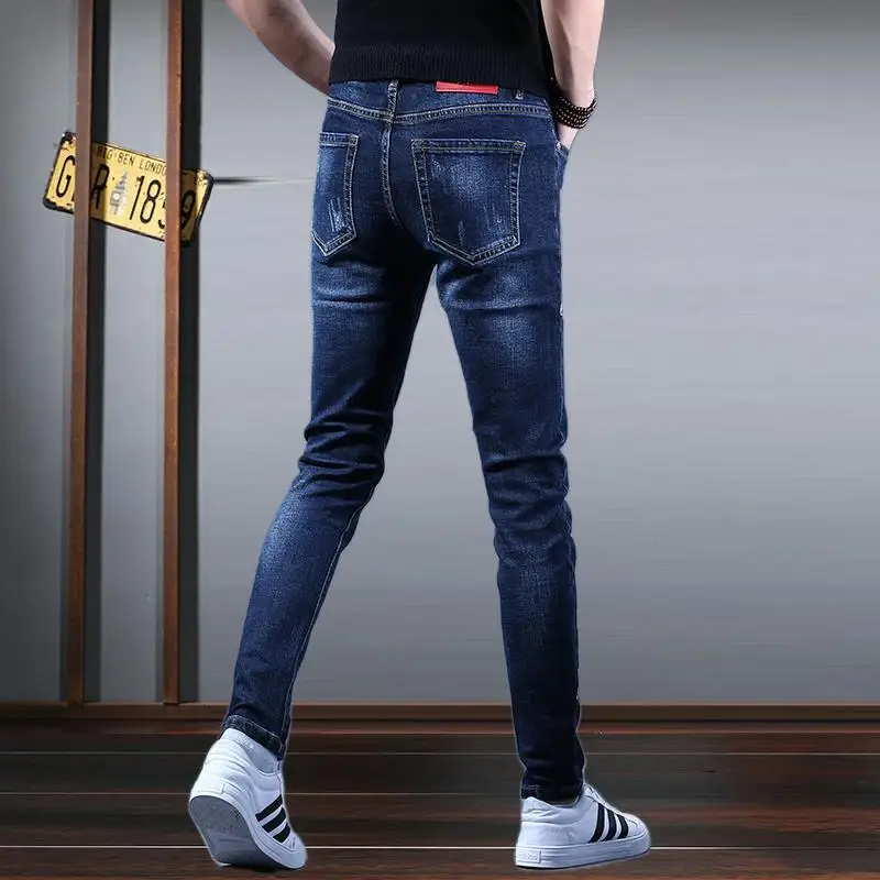 Korea Version Men’s White Wash Blue Jeans, High Quality Slim Stretch Jeans,Light Luxury  Embroidery Jeans, Sexy Street Jeans;