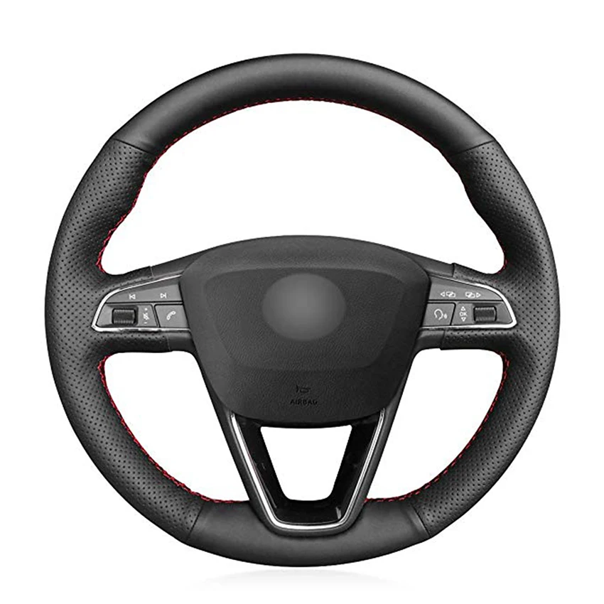 Hand-stitched Black Leather Car Steering Wheel Cover for Seat Leon (5F) Ibiza (6F) Alhambra (7N) Arona Ateca Tarraco