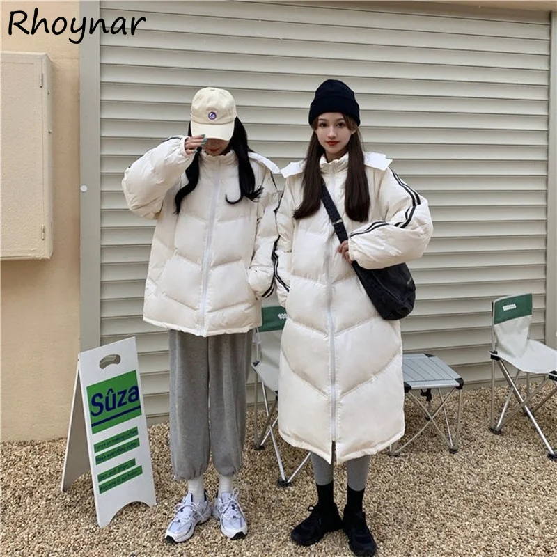 Parkas Women Winter Loose Hooded Couples Unisex Korean Style Side Striped Vintage Casual Female Outwear Long Sleeve Trendy Retro