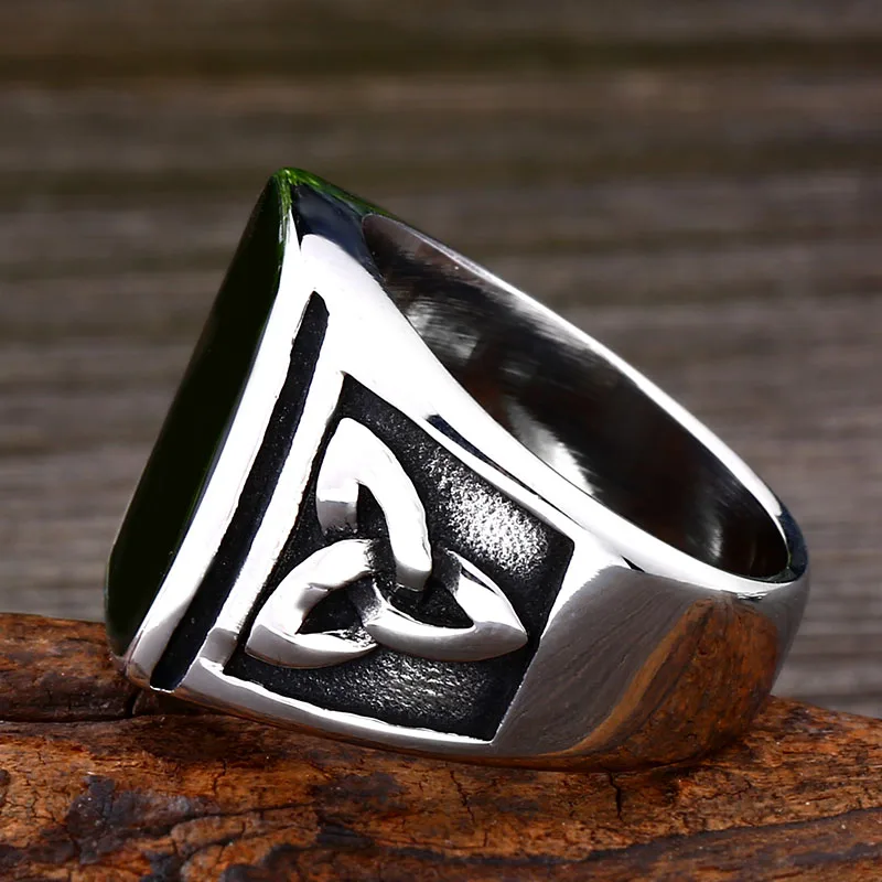 BEIER Punk Titanium Steel Ring for Men Jewelry Flat Black Stone Valknut Signet Ring Odin Symbol Norse Viking Biker Ring  BR8-037