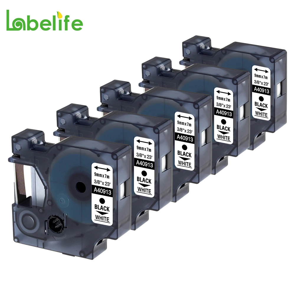 Labelife 5Pack 9mm 40913 Black on White Laminated Labeling Tape S0720680 for D1 40913 9mm x 7m Compatible for DYMO Labeler