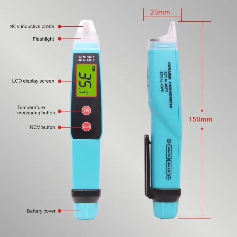 2 in 1 Non-contact AC Voltage Detector Tester Meter Infrared Thermometer Pen style Voltage Detector LCD Alarm Self-testing