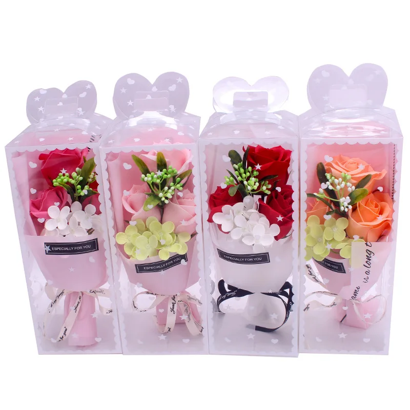 3pc/box Soap Flower Eternal Rose Valentine\'s Day Present Gifts Creative Birthday Gift Handmade Soap Rose Bouquet with PVC Box