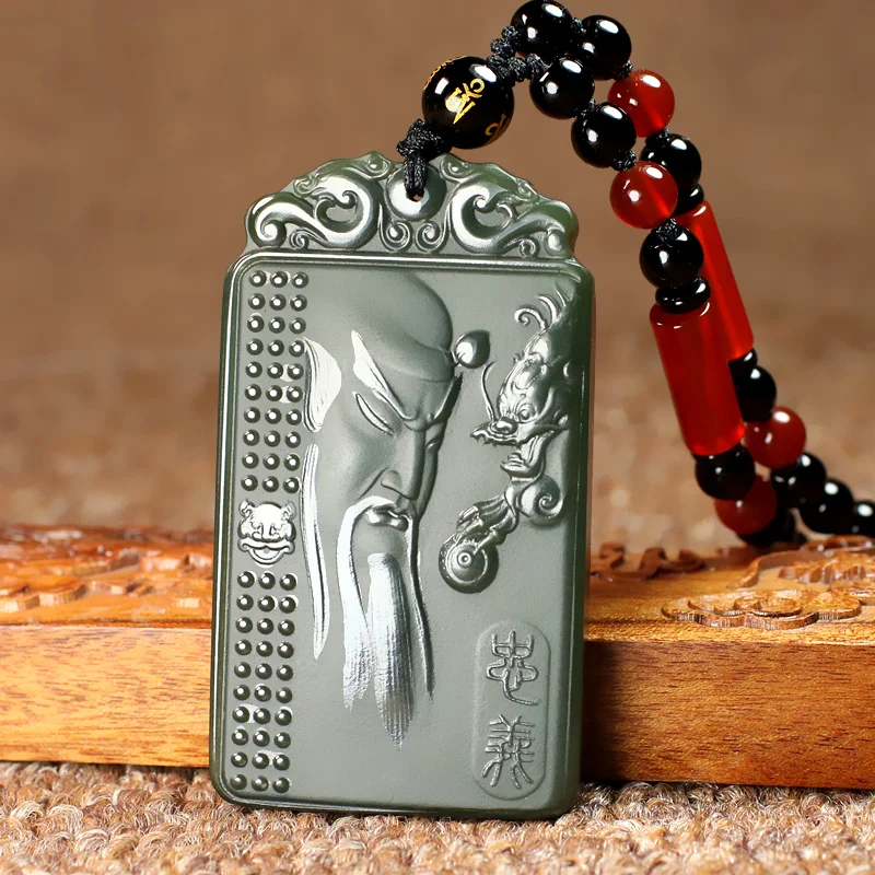 

Quality Nature Bottle green Jade Guan Yu Pendant character God Amulet Mala Bead hanging Necklace