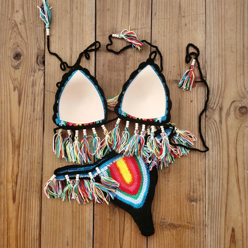 Handmade Crochet Bikini Set Rainbows Rasta Tassel Women Swimwear Push UP Sexy Swimsuit Vacation