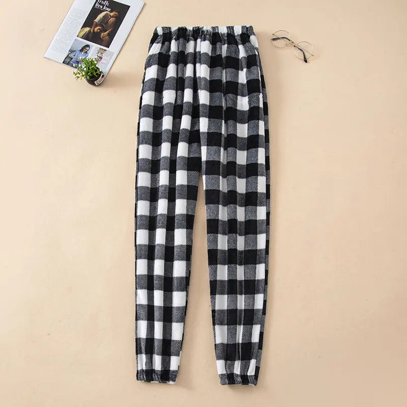 Women Sleep Bottoms Warm Plaid Flannel Home Pants Couples Plus Velvet Thicker Female Windproof Simple Soft Cute Winter Sleepwear