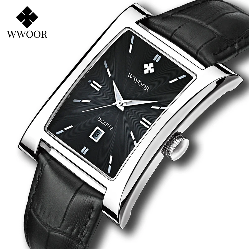 WWOOR Men\'s Square Watches Top Brand Luxury Black Leather Strap Quartz Waterproof Clock Male Automatic Date Wrist Watch With Box