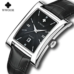 WWOOR Men's Square Watches Top Brand Luxury Black Leather Strap Quartz Waterproof Clock Male Automatic Date Wrist Watch With Box