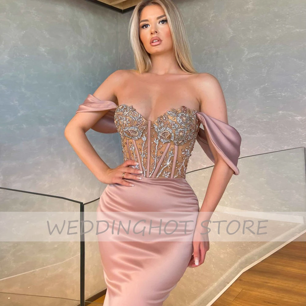 Rosa Perlen Abendkleider Lange 2021 Off-Die-Schulter Meerjungfrau Formale Prom Kleider Schatz Sexy Party Kleid robes de soirée