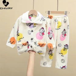 New 2021 Kids Boys Girls Autumn Winter Flannel Pajama Sets Cute Cartoon Long Sleeve Lapel Tops with Pants Sleeping Clothing Sets