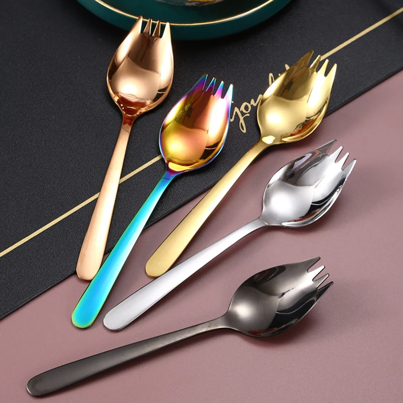 Stainless Steel Long Handle Fruit Fork Spoon Tableware Lunch  Accessories for Kids Multi-Function Desserts Salad Scoop