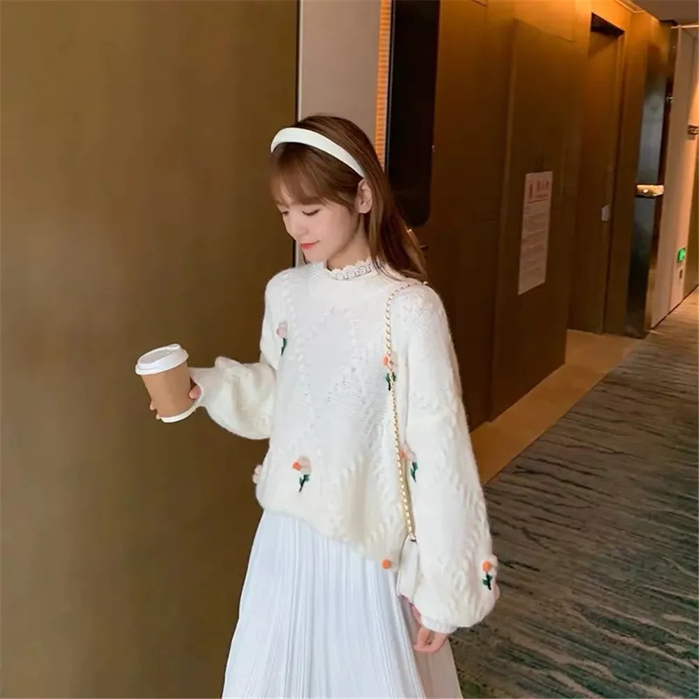 

O-neck Flower Print Long Sleeve Sweater Women Loose Casual Korean Y2k Warm Knitted Pullover Harajuku Baggy Vintage Basic Sweater