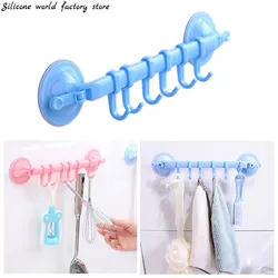Suction Cup 6 Hooks Adjustable Plastic Towel Hanger Rack Hanging Holders Lock Type Bathroom Kitchen Hook Organizer