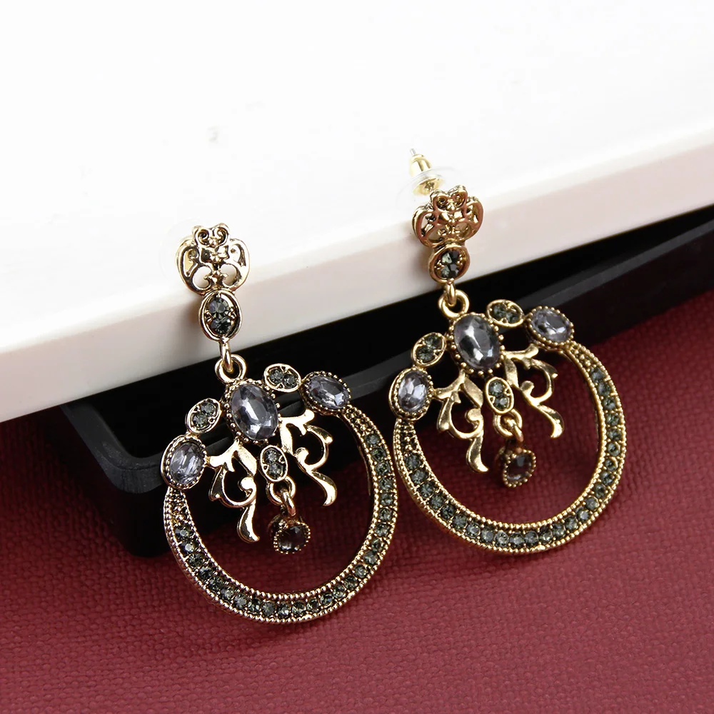 Turkish Grey Crystal Drop Earring For Women Antique Gold Color Indian Earring Vintage Round Wedding jewelry