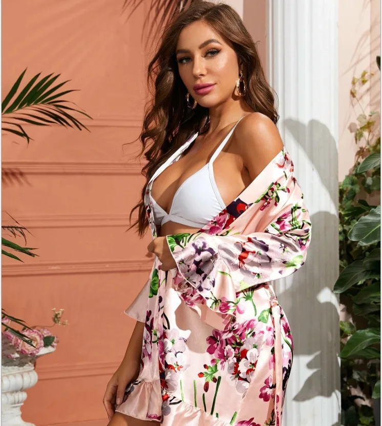 Женское кимоно с рукавами и принтом, халат невесты, сексуальная ночная рубашка из искусственного шелка с v-образным вырезом, ночная рубашка с оборками, S-XXL, летняя домашняя юбка