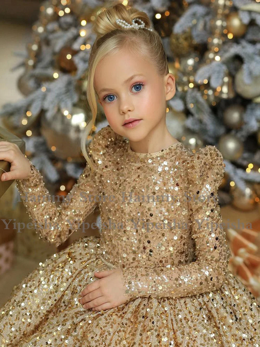 Luxus Gold Pailletten Blume Mädchen Kleid Lange Ärmel Puffy Pageant Kleid Großen Bogen Baby Mädchen Geburtstag Party Kleider