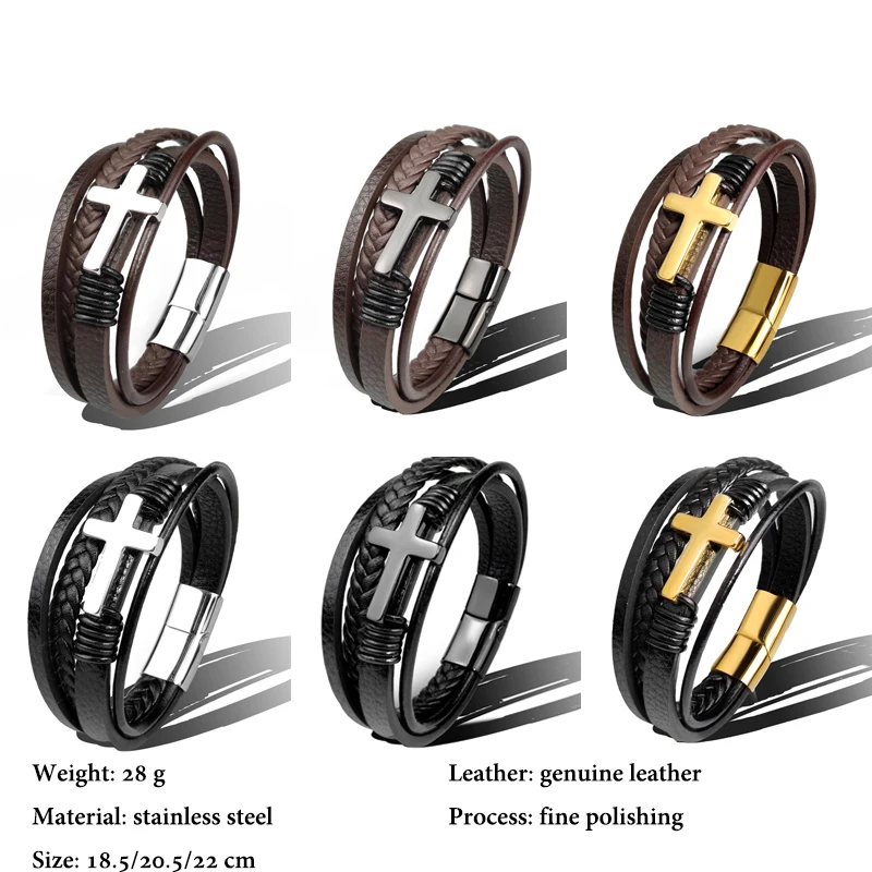 MingAo Trendy Vintage Men Leather Bracelet Cross Charms Stainless Steel Magnetic Clasp Multilayer Braided Bracelets Male Jewelry