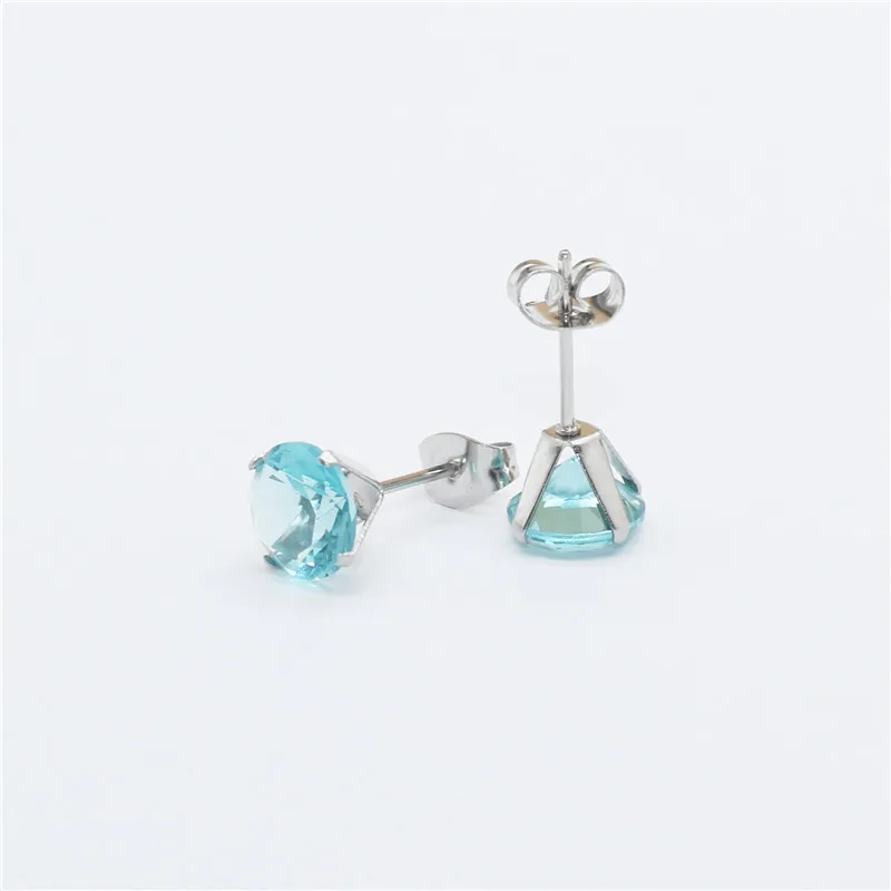 Size 3mm to 8mm 316L Stainless Steel Lake Blue Color Round Zircon Stud Earrings  No Fade Allergy Free Brief Jewelry