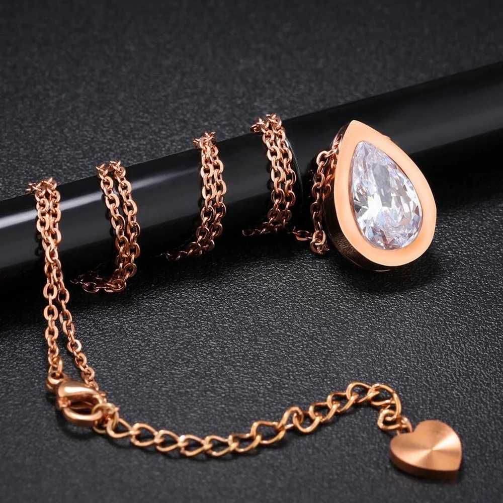 Austria Clear Tear Drop Crystals Necklace For Women Stainless Steel Rose Gold Color Pendants Fashion Girl Accessory Jewelry Gift