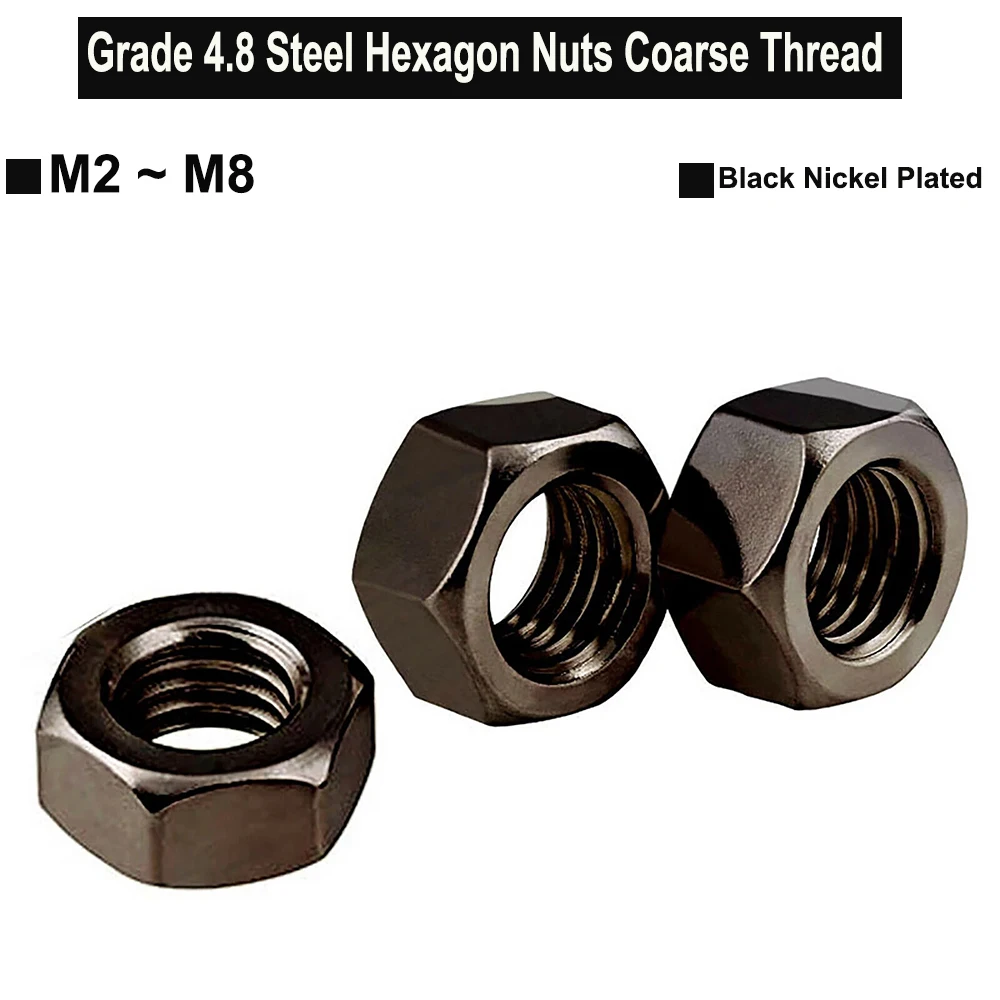 Dadi esagonali Yiqianyuan DIN934 Grado 4.8 Acciaio nero nichelato Filettatura grossa M2 M2.5 M3 M4 M5 M6 M8