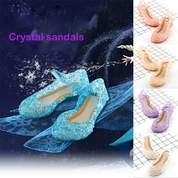 Girls Kids Summer Crystal Sandals Frozen Princess Jelly High-Heeled Shoes Princess Frozen Elsa Cosplay Party Dance Shoes