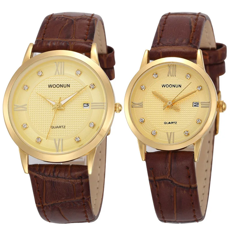 Top Brand Luxury Gold Couple Watches WOONUN Lovers Leather Strap Rhinestone Quartz Couple Watches Set Vestidos De Lujo Cinturon