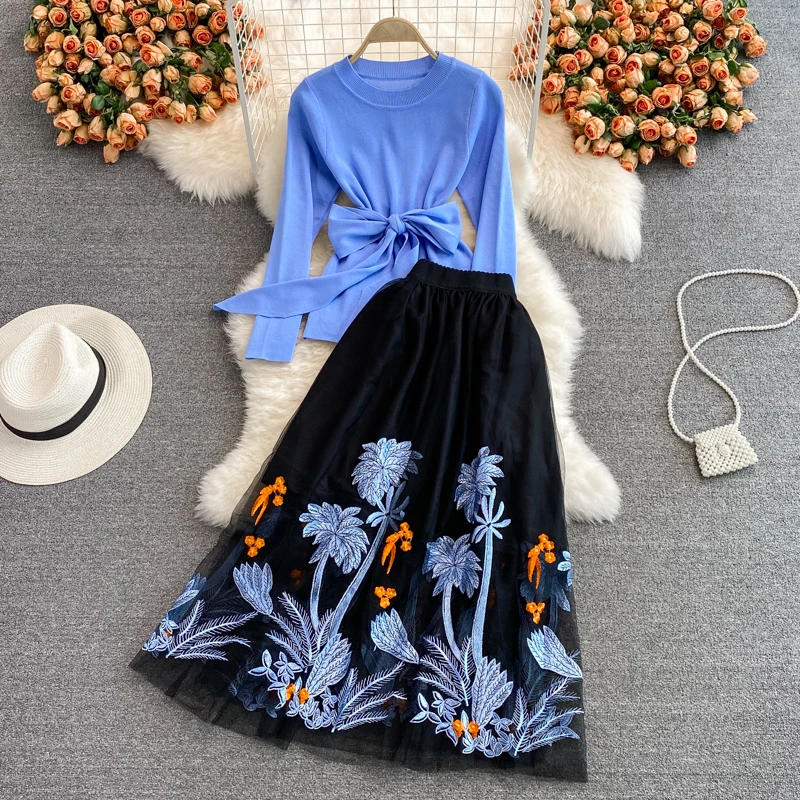 Fall New Retro Ethnic Ensemble Femme Female Blue Sashes Lace-Up O-neck Sweater + Embroidery Mesh Skirts Two Piece Sets Women