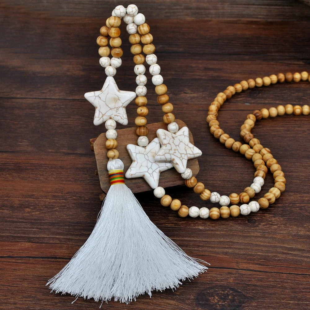 Yumfeel Women Handmade Tassel Long Necklace Boho Wood Beads Star Stone Pendant Sweater Chain